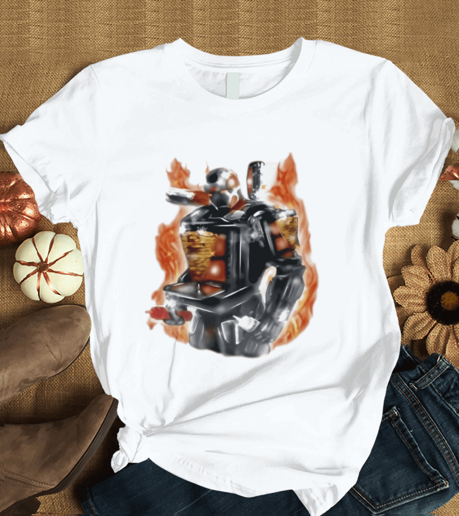 Shawarma Man 90s Flame Airbrush Robot T-Shirt