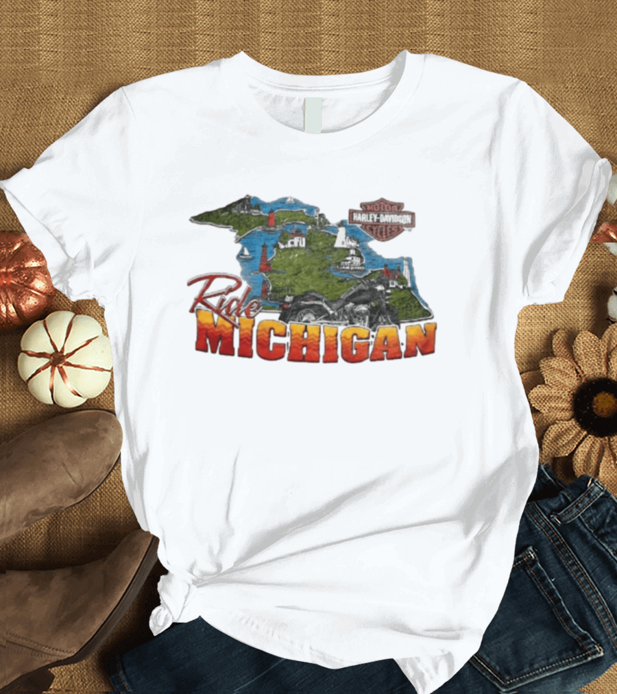 Ride Michigan Harley Davidson Motor Cycles Island Map And Lighthouse T-Shirt