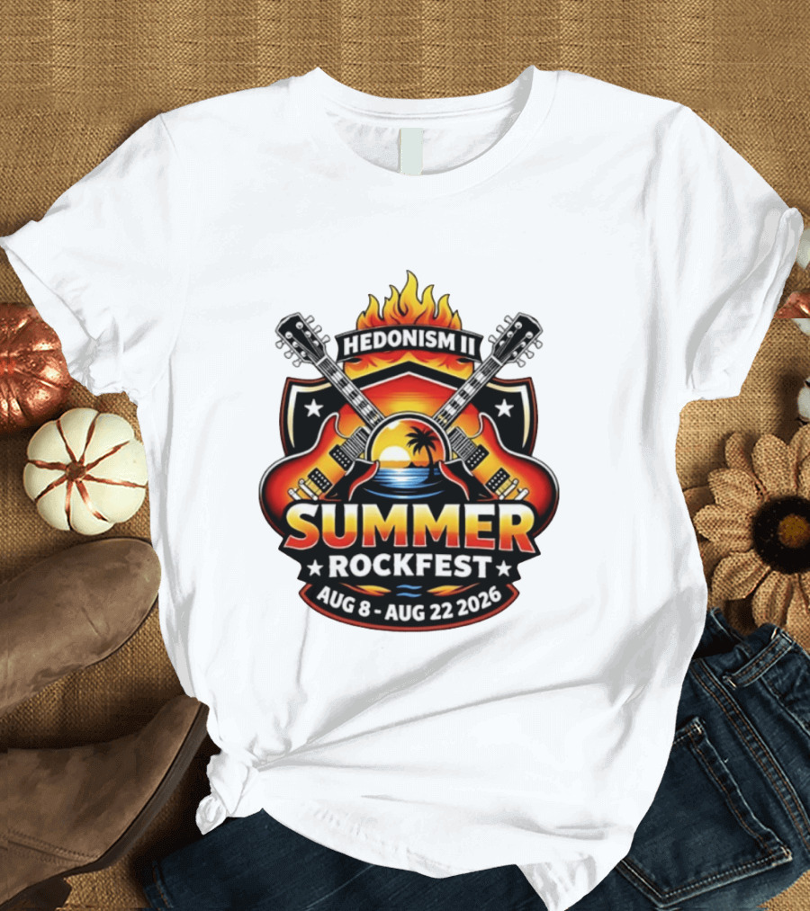 Hedonism II Summer Rockfest August 8 22 2026 Guitars Sunset Palms Fire T-Shirt
