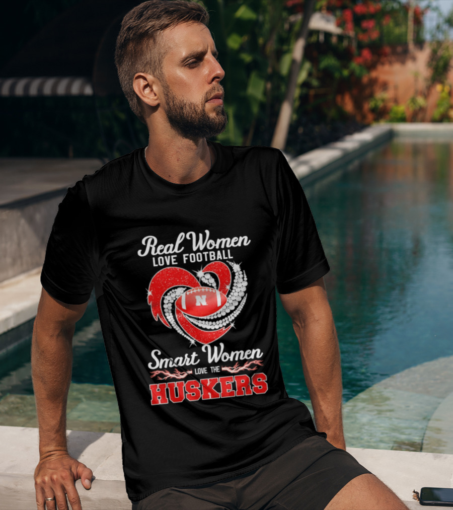 Real Women Love Football Smart Women Love The Nebraska Huskers Football Heart T-Shirt