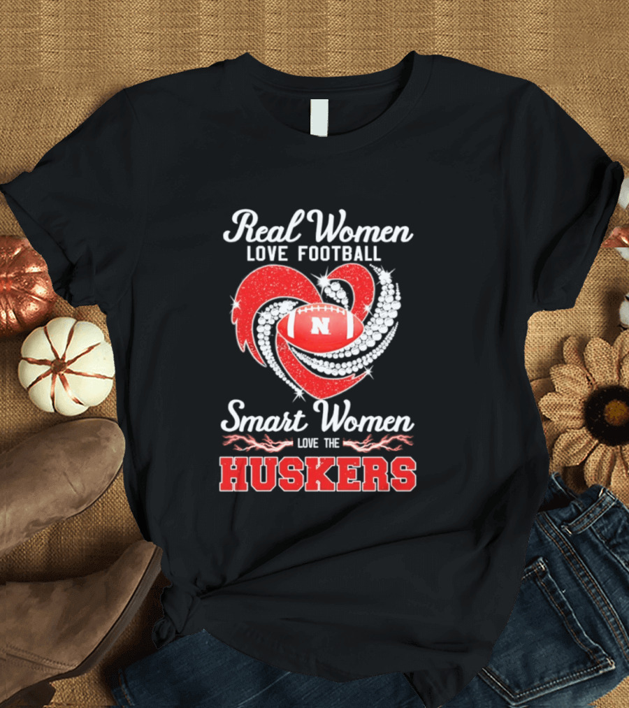Real Women Love Football Smart Women Love The Nebraska Huskers Football Heart T-Shirt