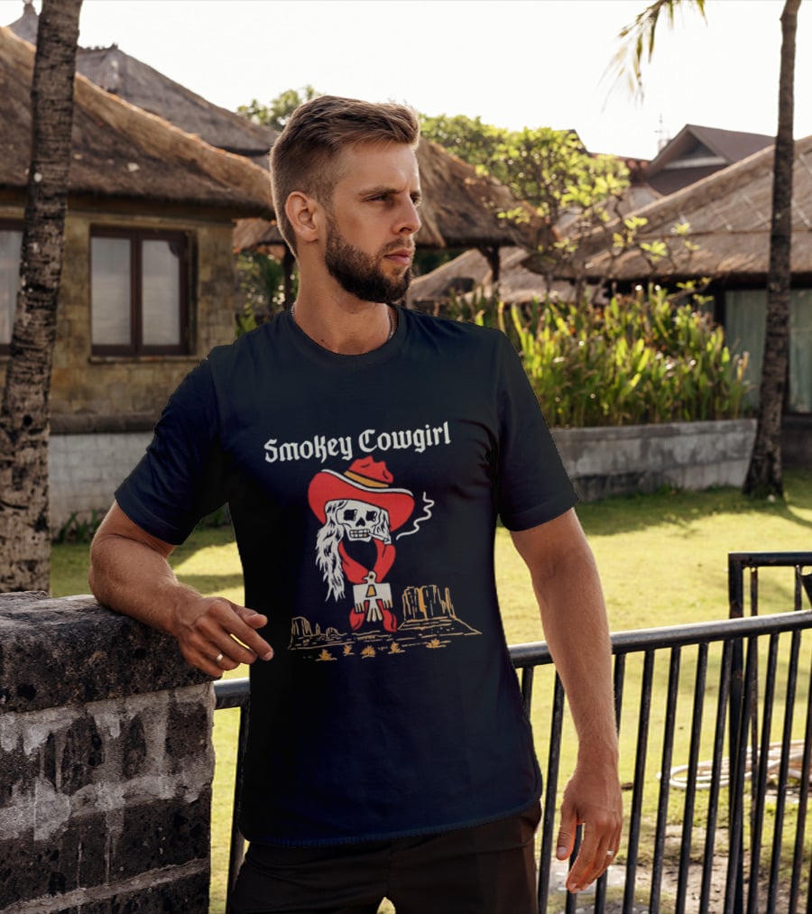 Smokey Cowgirl Western Skeleton Cowboy Desert Scene T-Shirt