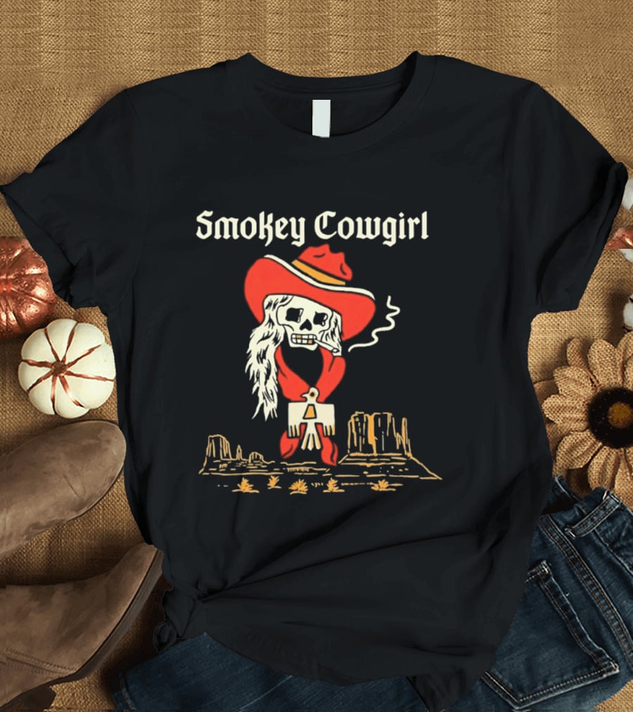Smokey Cowgirl Western Skeleton Cowboy Desert Scene T-Shirt