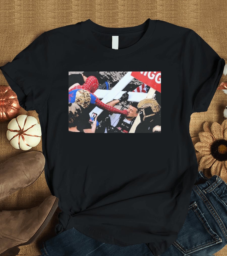 Spiderman Punch A Nazi Humor Superhero Comic Book Action Scene T-Shirt