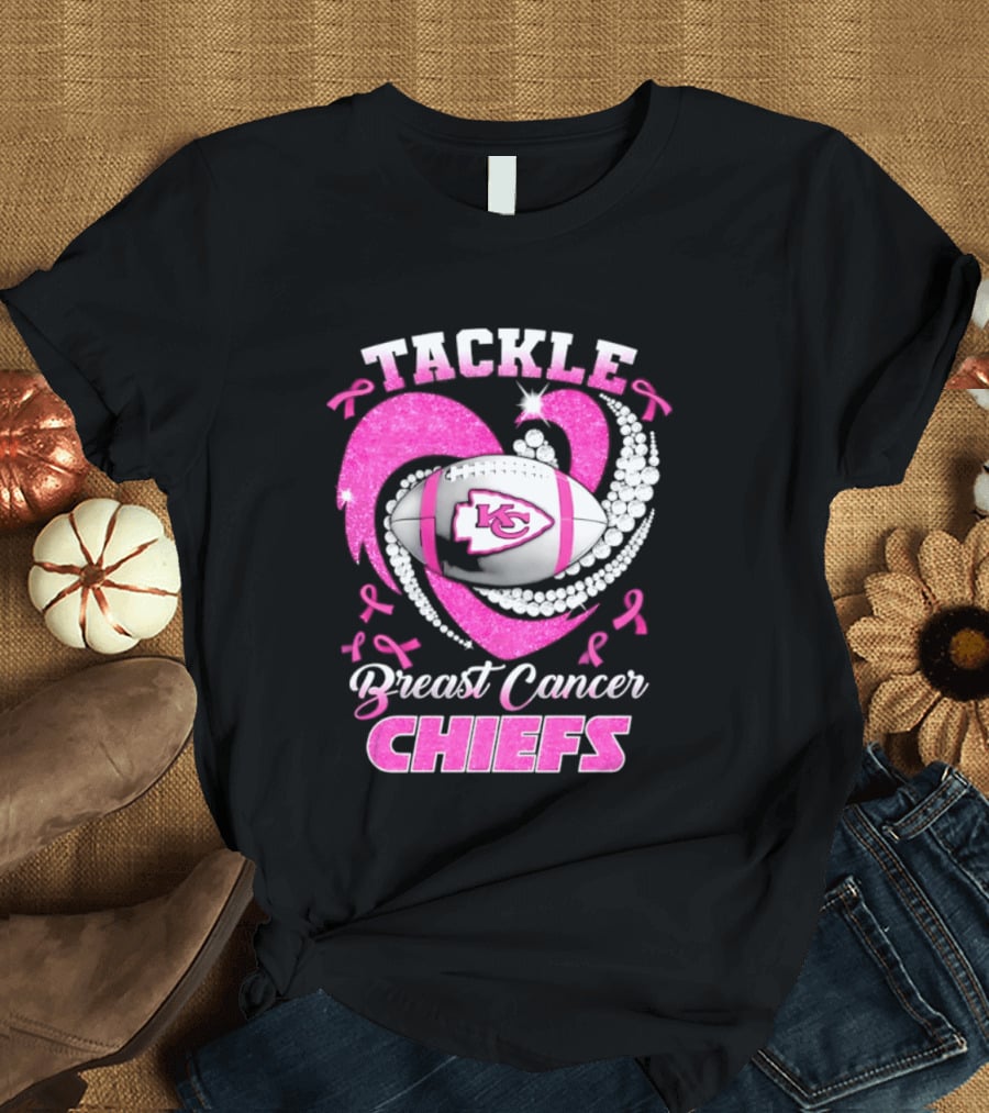 Tackle Breast Cancer Kansas City Chiefs Pink Ribbon Football Heart T-Shirt