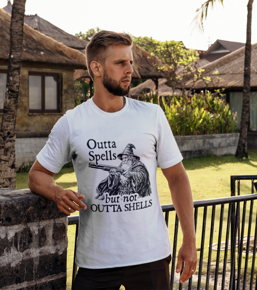 Outta Spells But Not Outta Shells Wizard With Shotgun T-Shirt