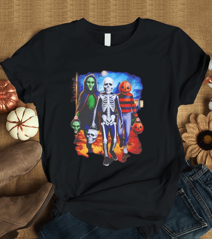 2026 Halloween Trick Or Treat Trio Skeleton Witch Pumpkin Night T-Shirt