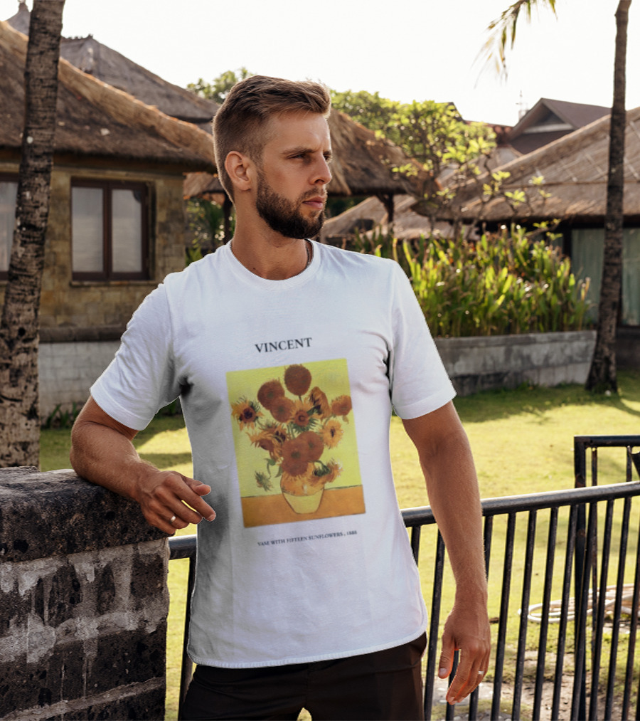 Vincent Van Gogh Sunflowers Vase Painting Vincent Written On It T-Shirt