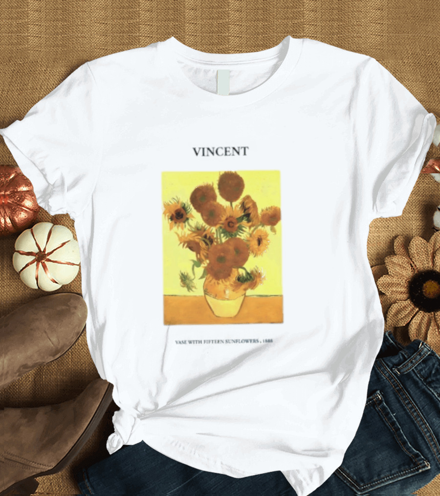 Vincent Van Gogh Sunflowers Vase Painting Vincent Written On It T-Shirt