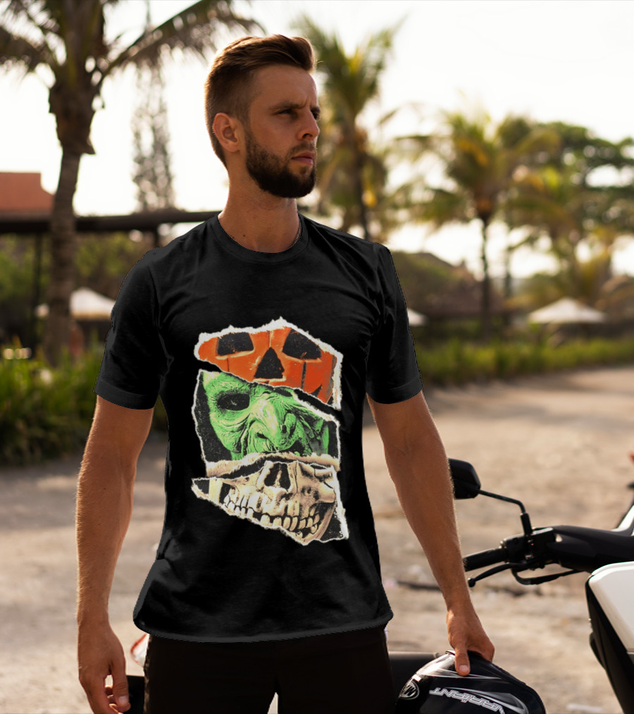 Halloween Trio Three Masks Horror Season Of The Witch Pumpkin Skull Green Mask T-Shirt
