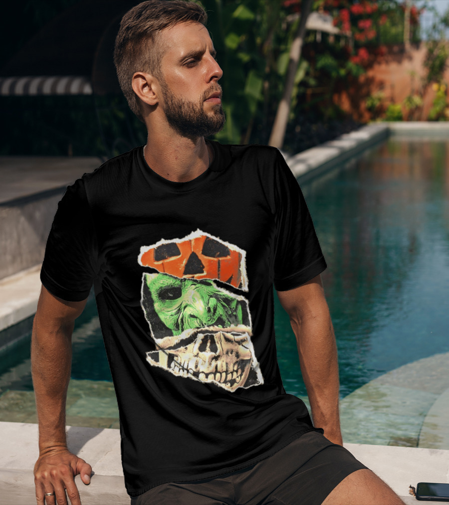 Halloween Trio Three Masks Horror Season Of The Witch Pumpkin Skull Green Mask T-Shirt