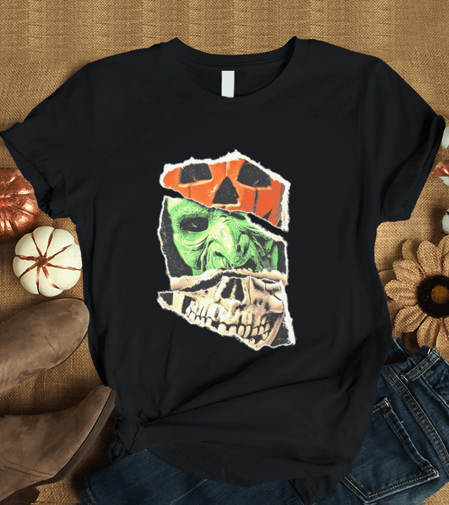 Halloween Trio Three Masks Horror Season Of The Witch Pumpkin Skull Green Mask T-Shirt