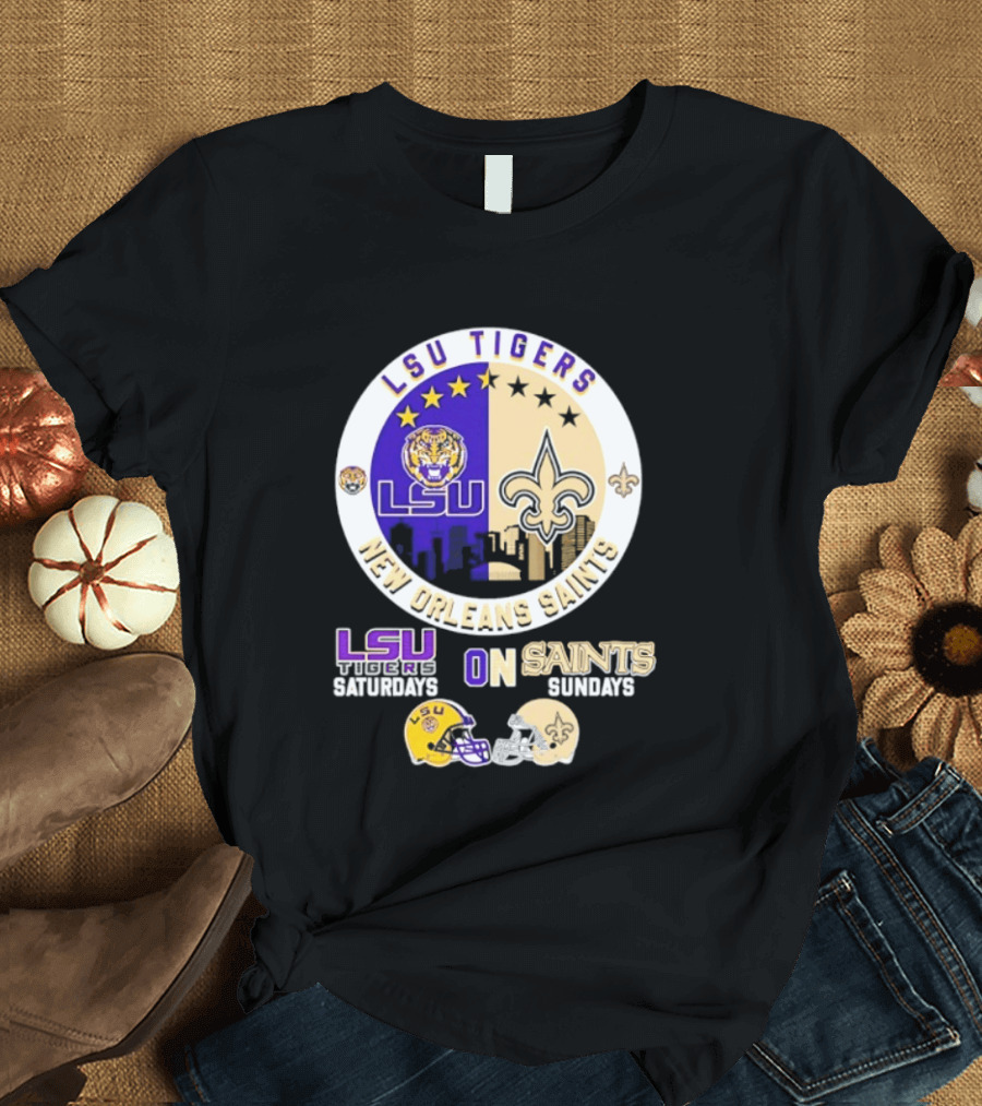 LSU Tigers New Orleans Saints Skyline Helmet Celebration Saturdays Sundays T-Shirt