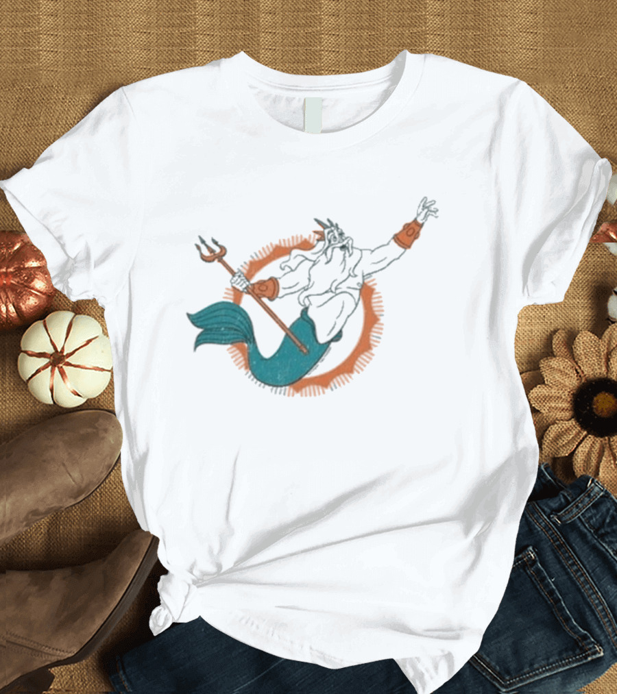 Miami Dolphins King Triton Pose With Trident And Aqua Tail T-Shirt