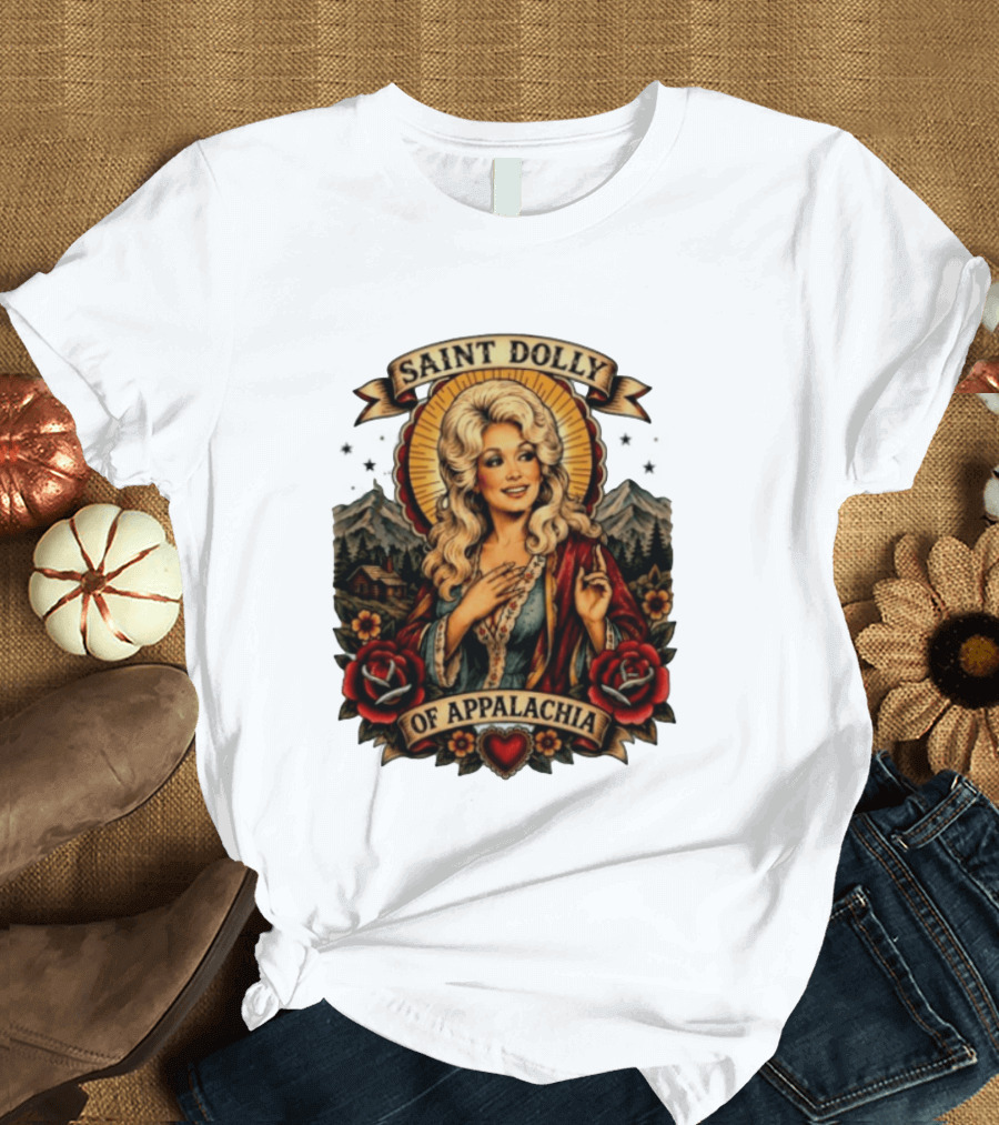 Saint Dolly Of Appalachia Iconic Tribute With Roses And Mountains T-Shirt