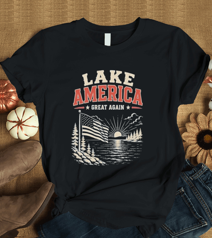 Lake America Great Again With Sunset And Flag Scene T-Shirt