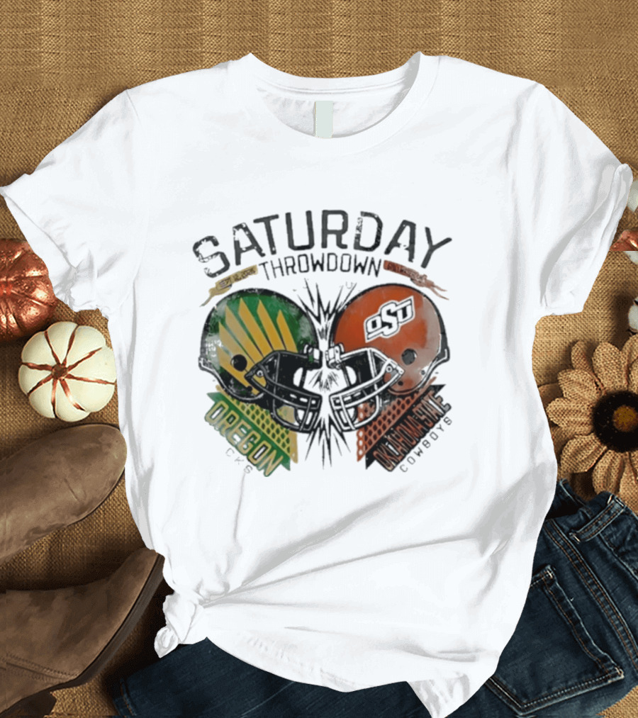 Oklahoma State Vs Oregon Saturday Throwdown 2026 Helmet Clash T-Shirt