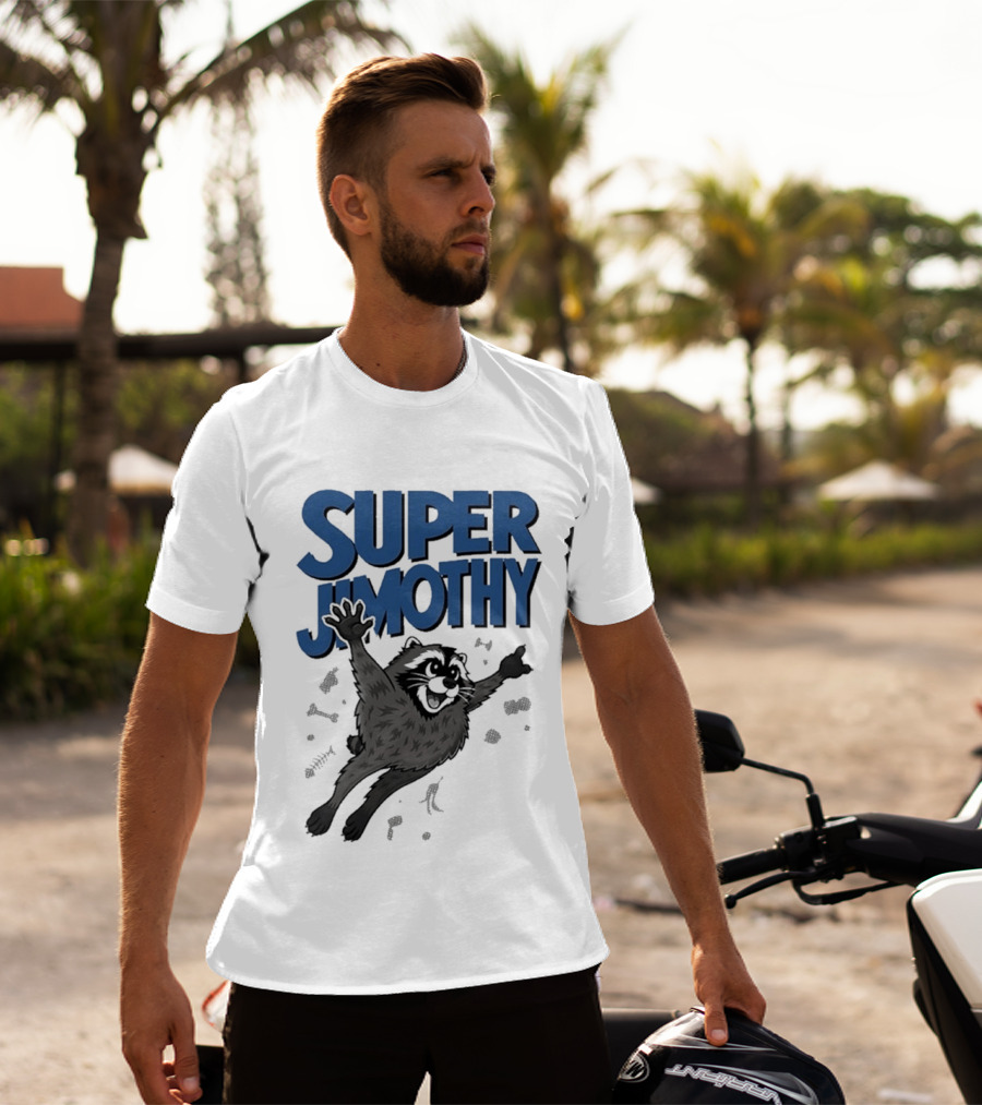 Super Jimothy Leaping Raccoon Playful Adventure T-Shirt