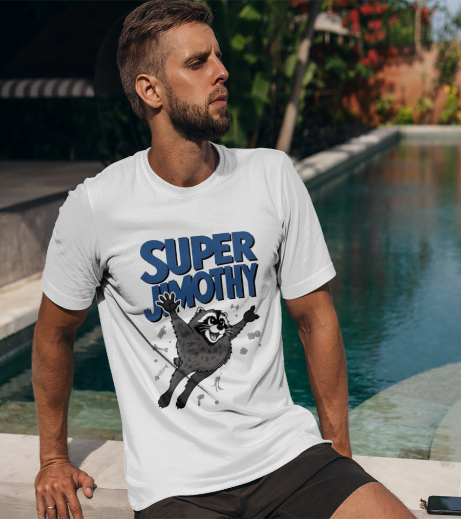 Super Jimothy Leaping Raccoon Playful Adventure T-Shirt