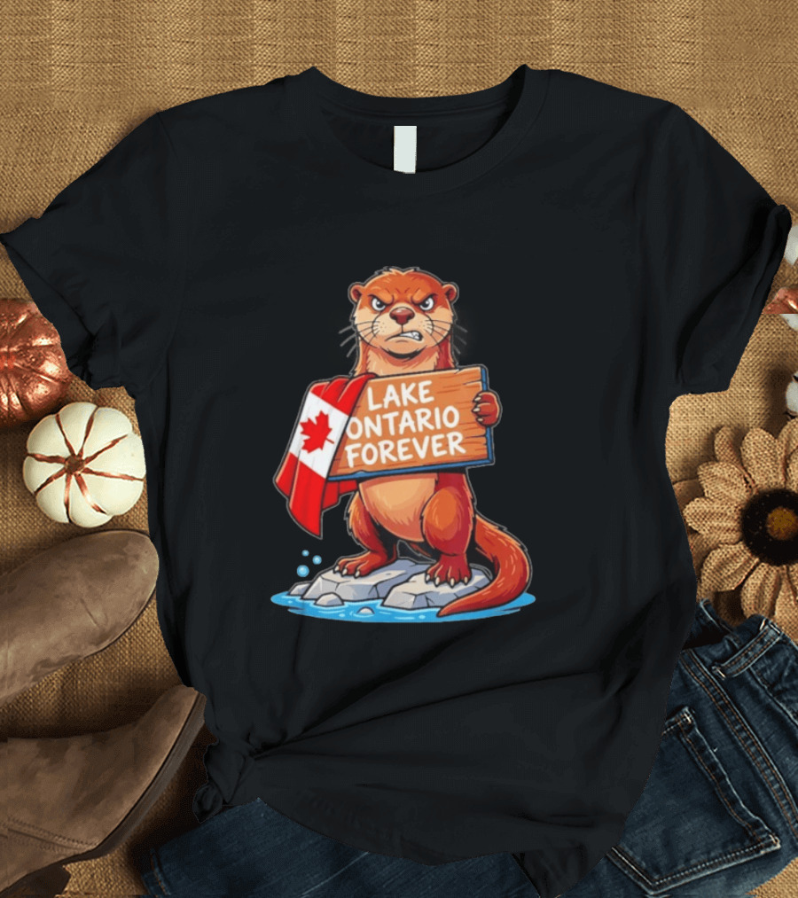 Lake Ontario Forever Otter Canada Flag Rugged Rock Scene T-Shirt
