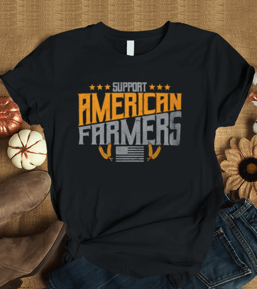 Support American Farmers Onyx Flag Stars And Tractor Wheels T-Shirt
