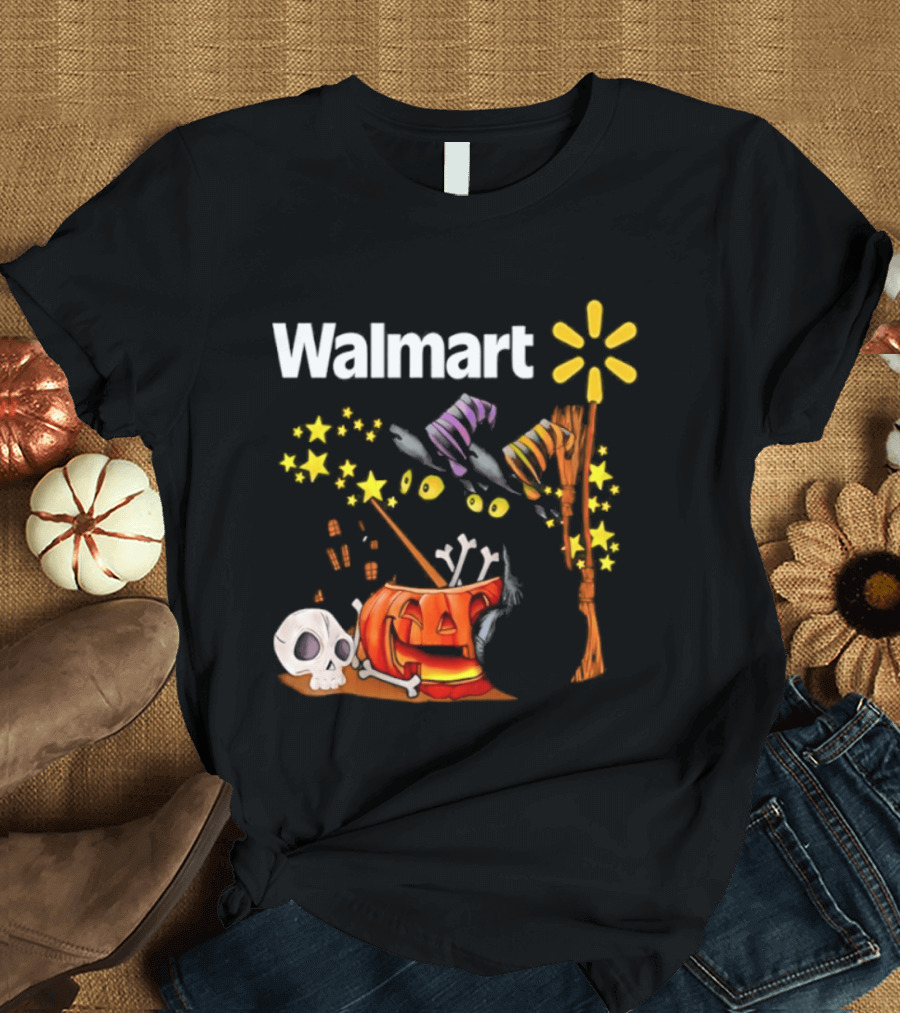 Walmart Halloween 2026 Black Cats With Witch Hats Pumpkin Skull And Stars T-Shirt