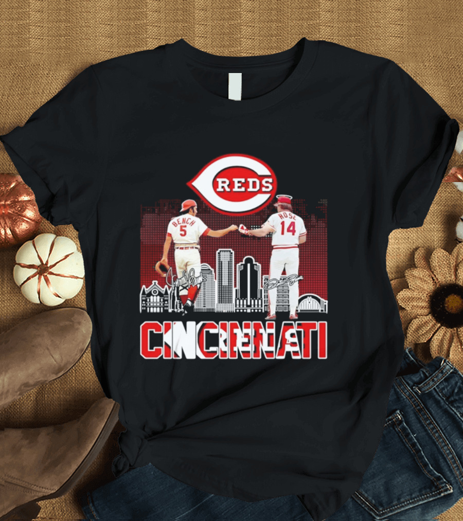 Cincinnati Reds Bench And Rose Skyline Signatures T-Shirt
