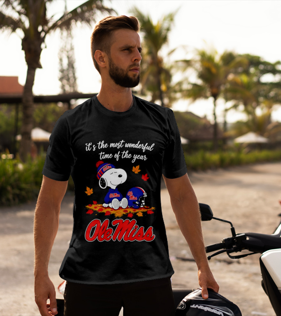 Ole Miss Snoopy It's The Most Wonderful Time Of The Year Fall Leaves T-Shirt