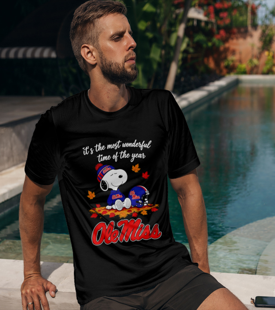 Ole Miss Snoopy It's The Most Wonderful Time Of The Year Fall Leaves T-Shirt