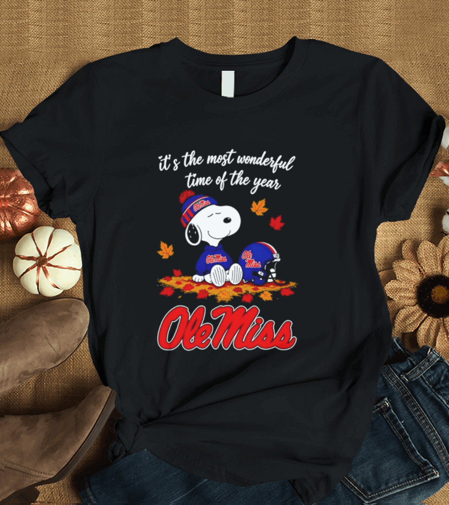 Ole Miss Snoopy It's The Most Wonderful Time Of The Year Fall Leaves T-Shirt