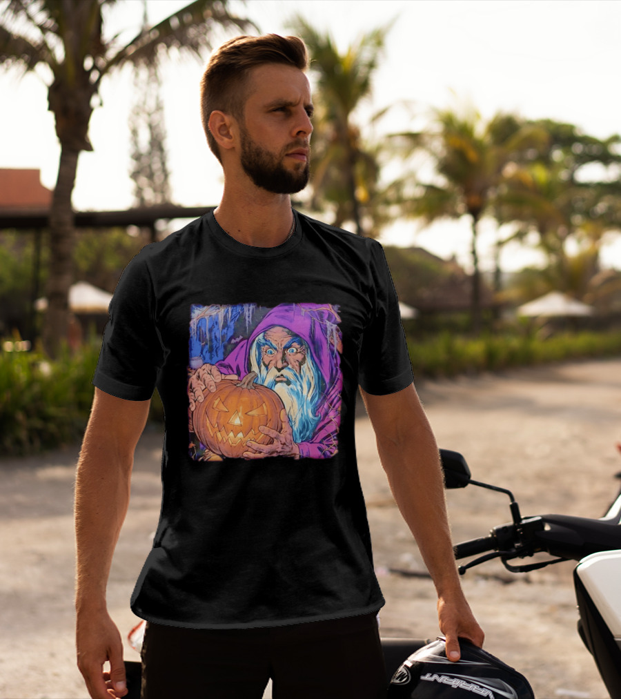 Pondering The Pumpkin Halloween Wizard With Jack O' Lantern 2026 T-Shirt