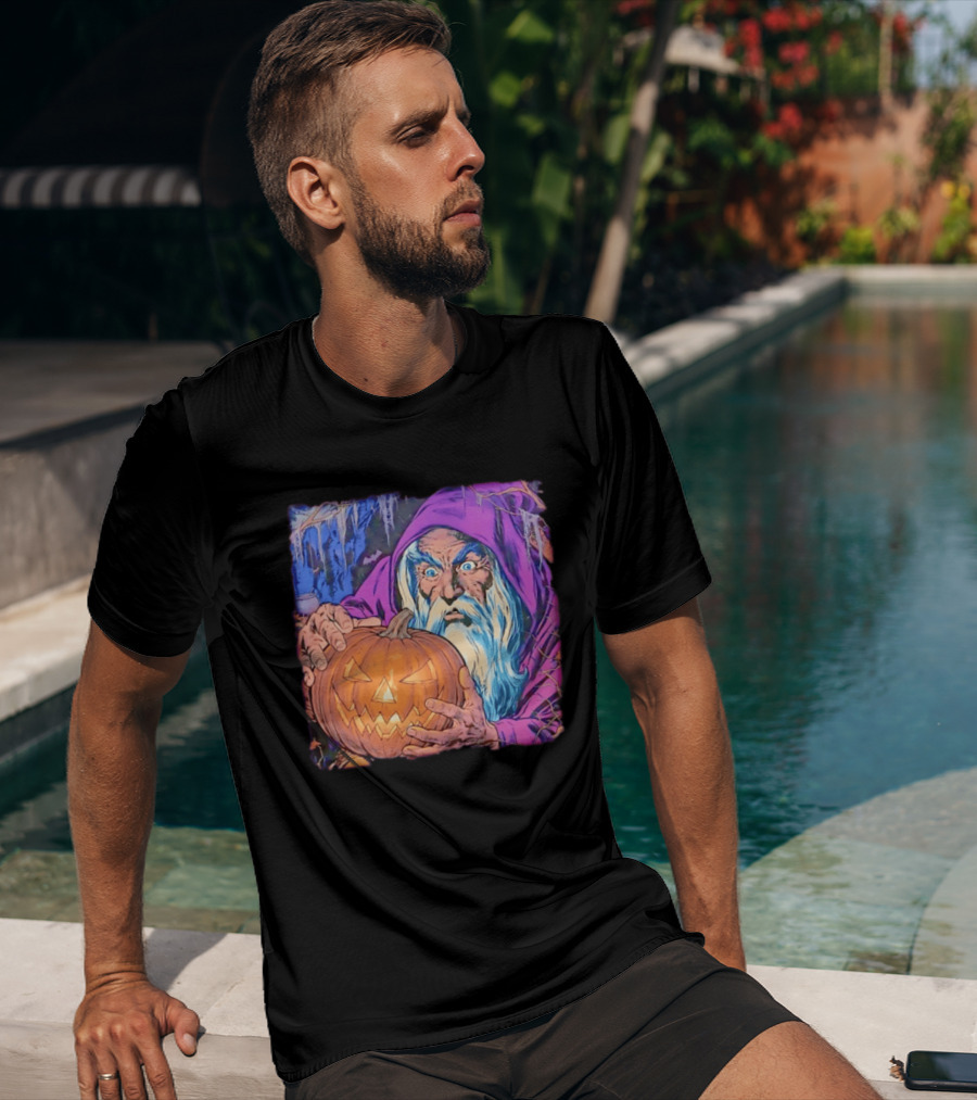 Pondering The Pumpkin Halloween Wizard With Jack O' Lantern 2026 T-Shirt