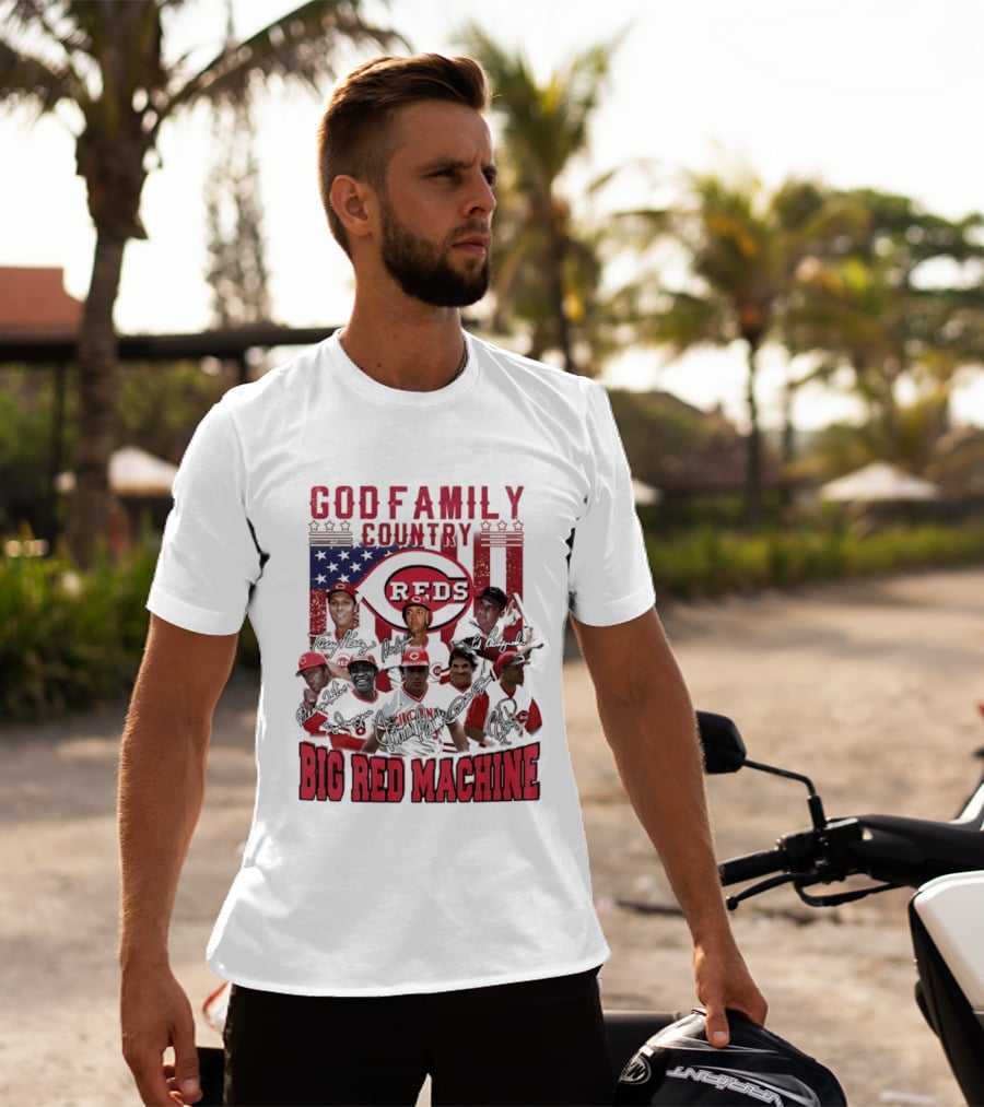 Cincinnati Reds God Family Country Big Red Machine Reds Signatures T-Shirt