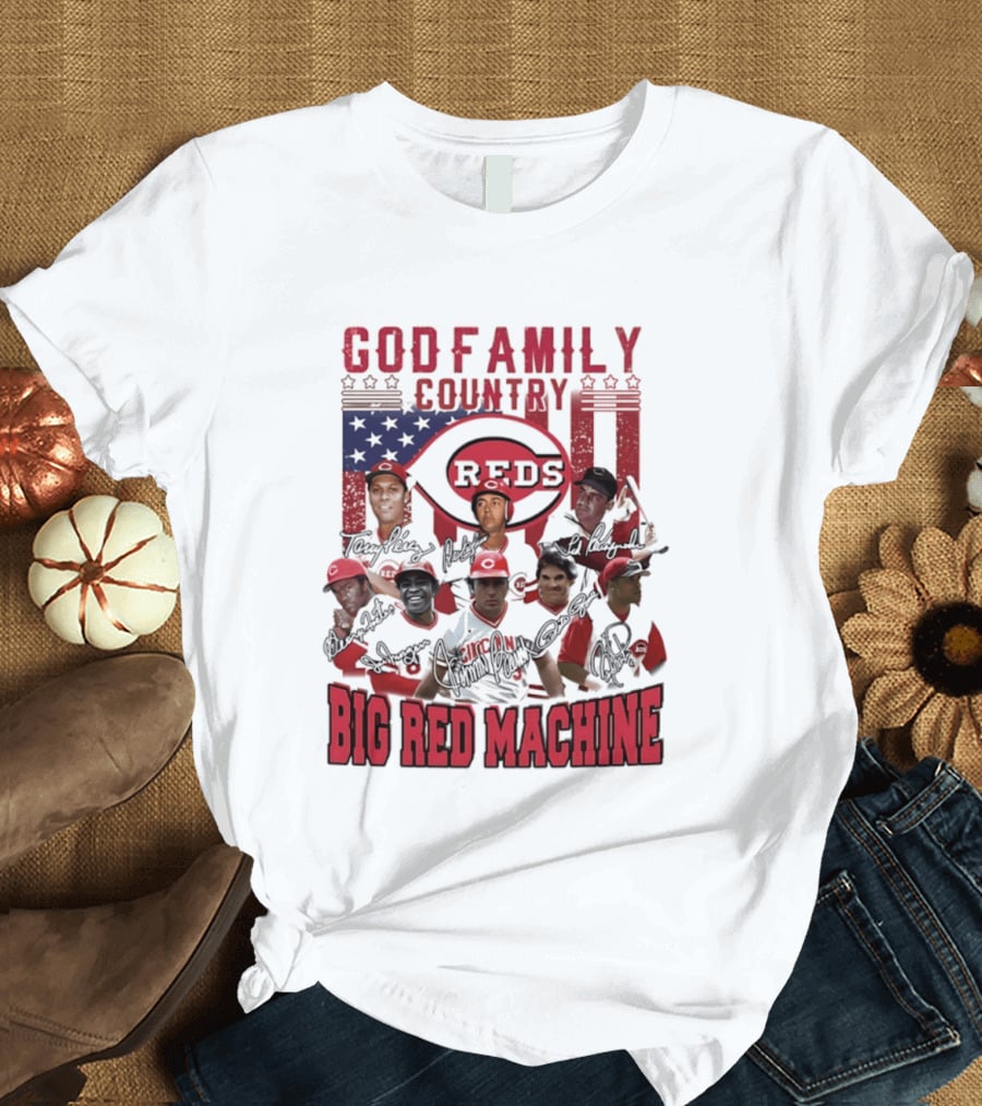 Cincinnati Reds God Family Country Big Red Machine Reds Signatures T-Shirt