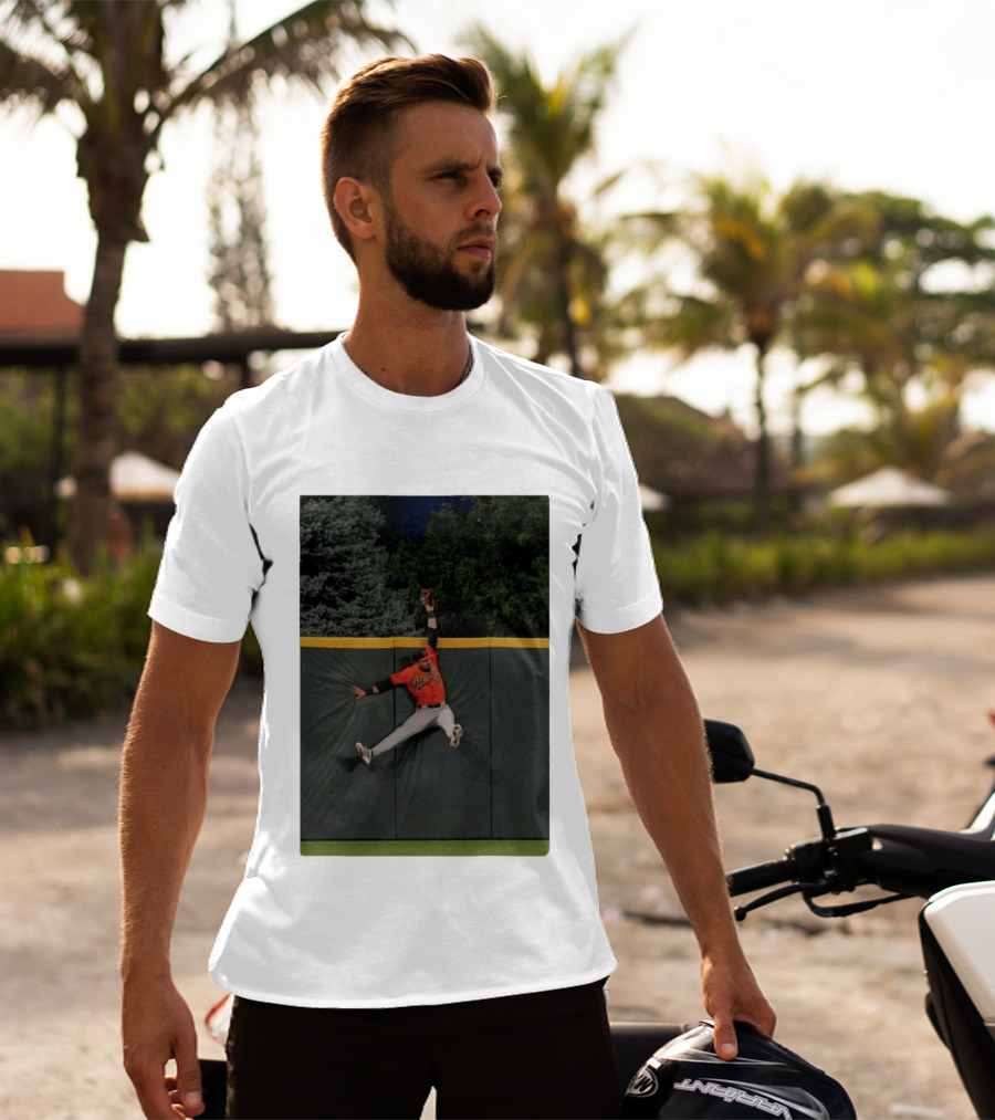 Colton Cowser Catch At Wall Wearing Red O's Jersey In Field Action T-Shirt