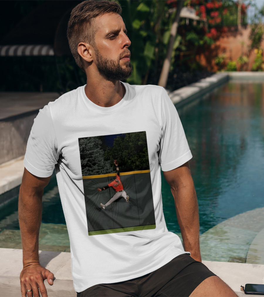 Colton Cowser Catch At Wall Wearing Red O's Jersey In Field Action T-Shirt
