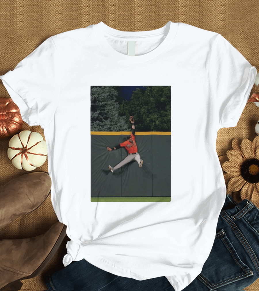 Colton Cowser Catch At Wall Wearing Red O's Jersey In Field Action T-Shirt