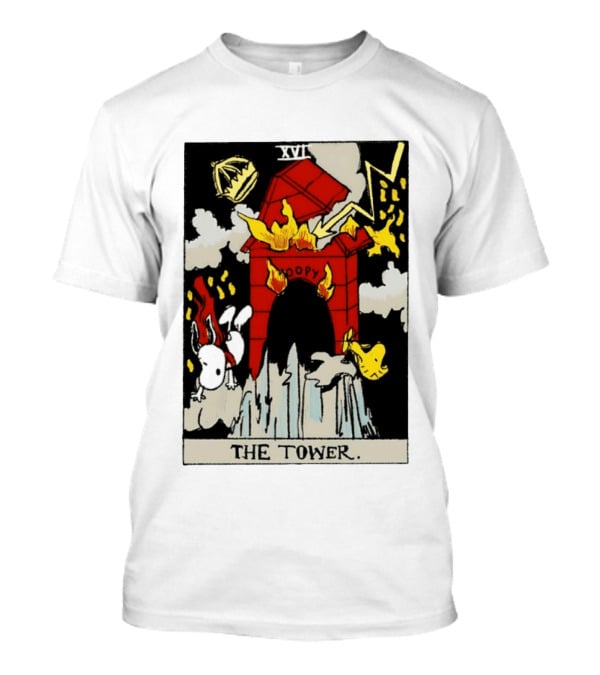 Snoopy The Tower Tarot Card XVII Lightning Flames Clouds Woodstock T-Shirt