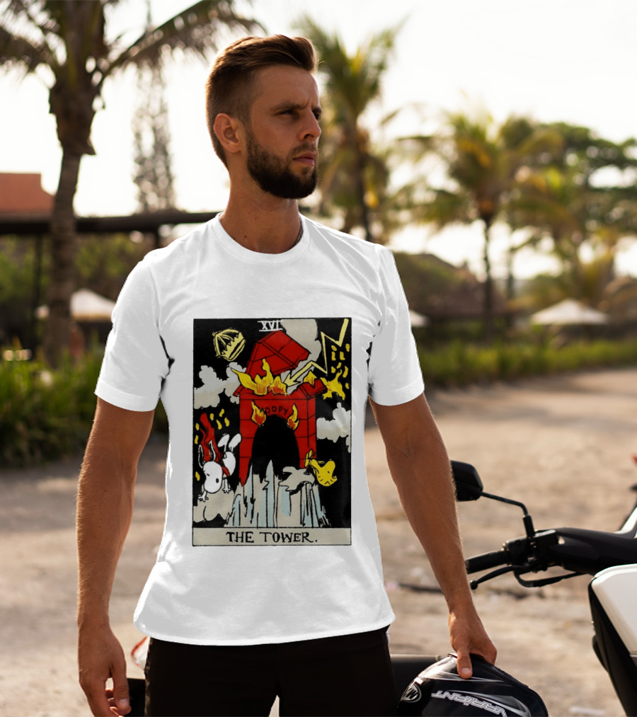 Snoopy The Tower Tarot Card XVII Lightning Flames Clouds Woodstock T-Shirt