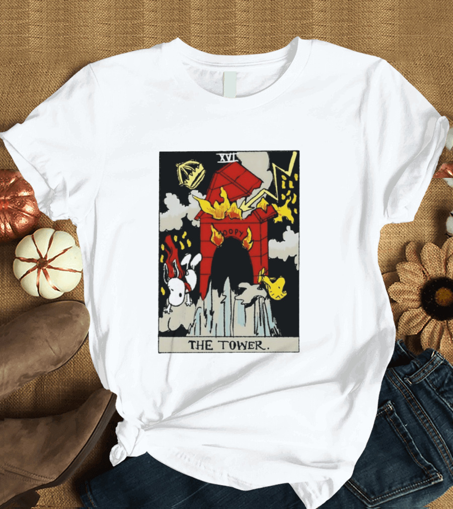 Snoopy The Tower Tarot Card XVII Lightning Flames Clouds Woodstock T-Shirt
