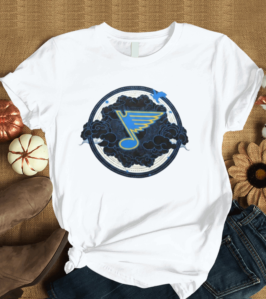STL Blues Fourth Wing Night 2026 Circle Blue Emblem With Musical Note And Clouds T-Shirt
