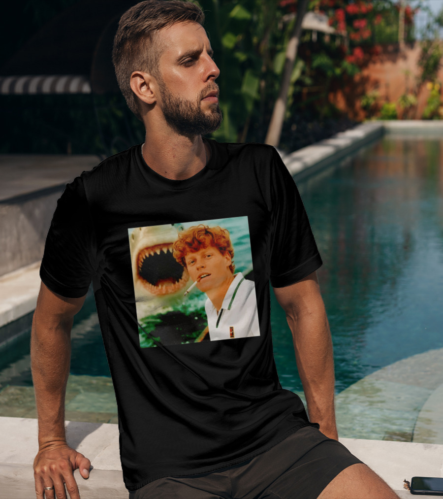 Jannik Sinner Smoking With Jaws Shark Behind T-Shirt