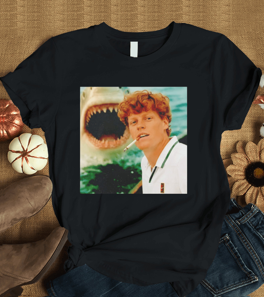 Jannik Sinner Smoking With Jaws Shark Behind T-Shirt