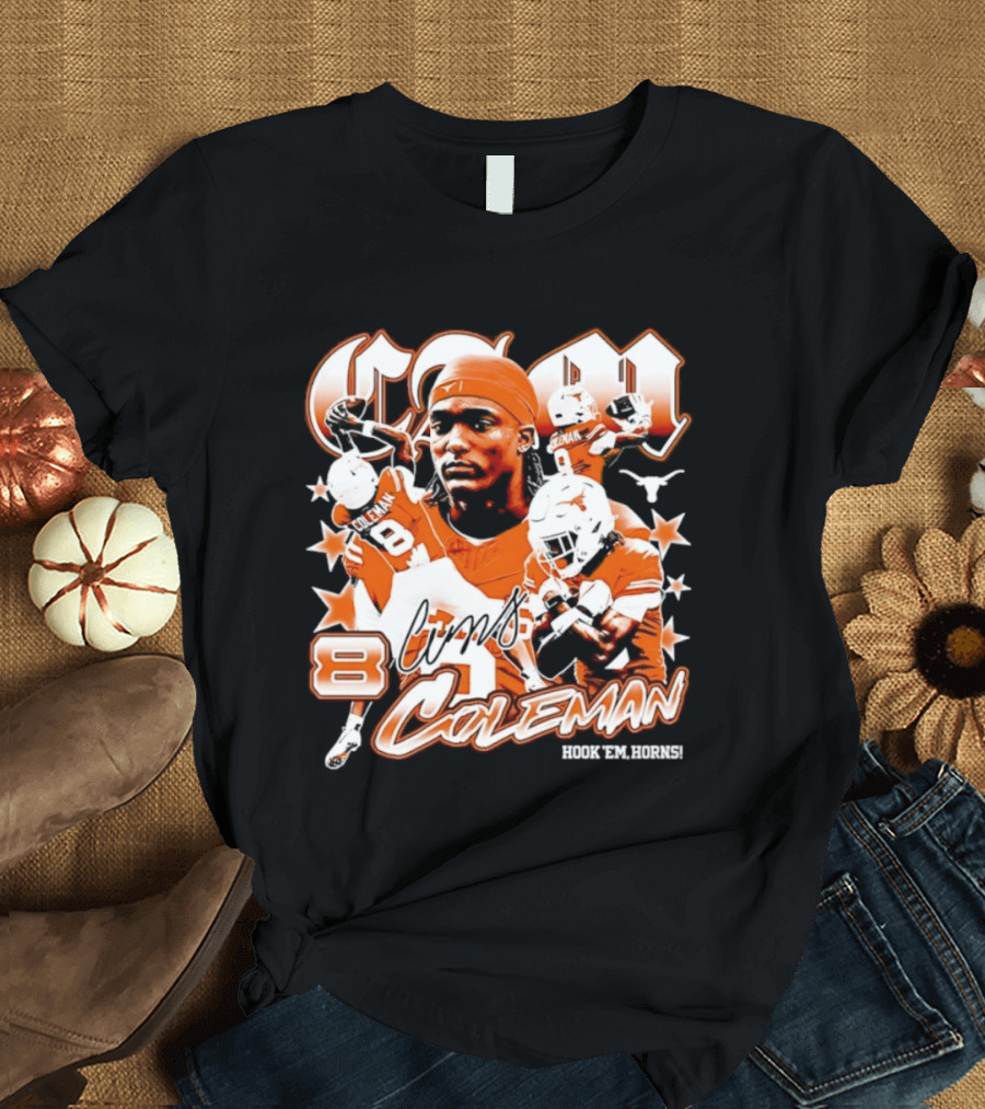 Cameron Coleman 8 Texas Longhorns NCAA Football Star Player Action T-Shirt