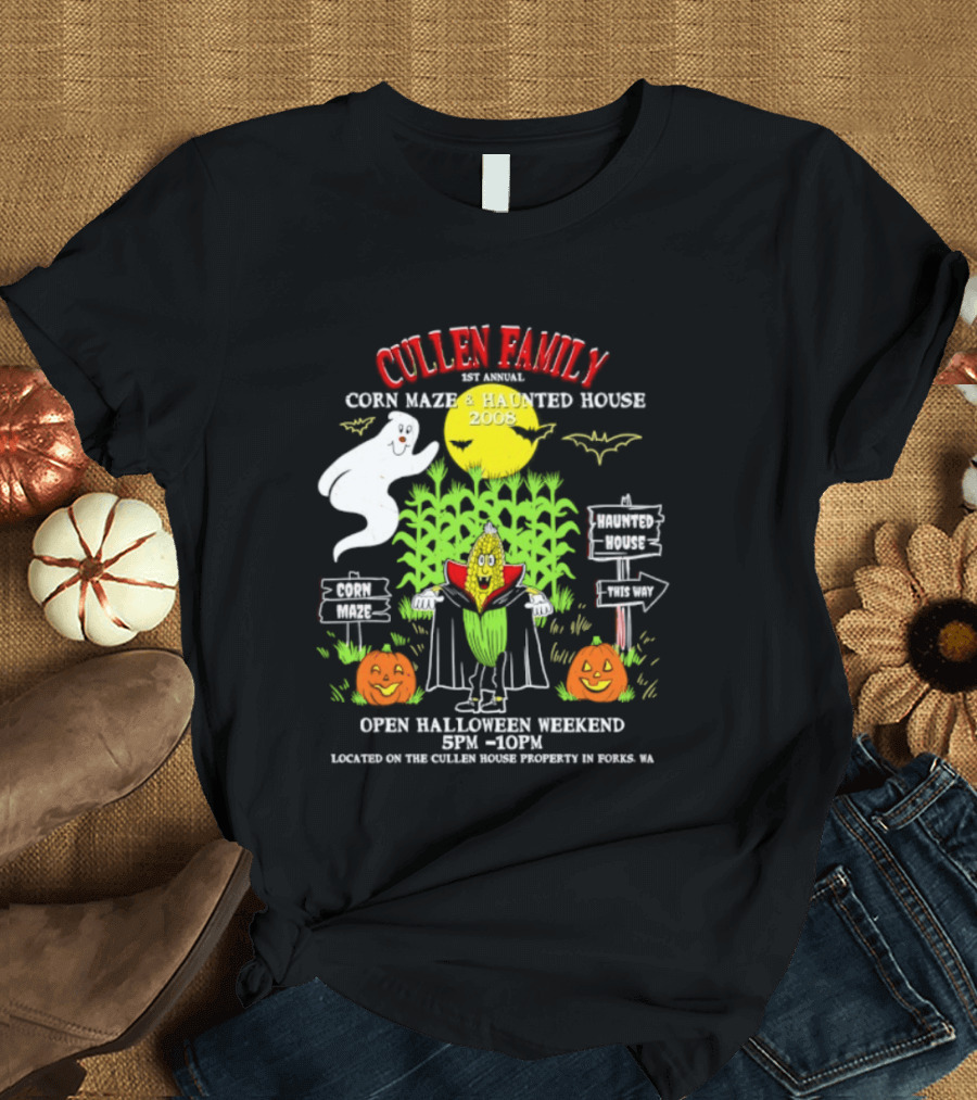 Cullen Family 1st Annual Corn Maze And Haunted House 2008 Halloween Weekend Event Promo With Ghosts And Pumpkins T-Shirt