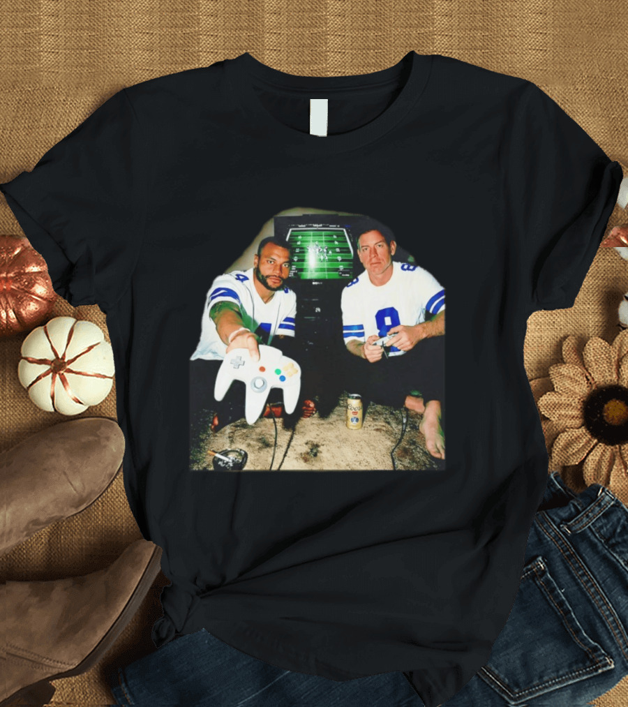Dak Prescott Troy Aikman Dallas Cowboys Retro Gaming Session T-Shirt