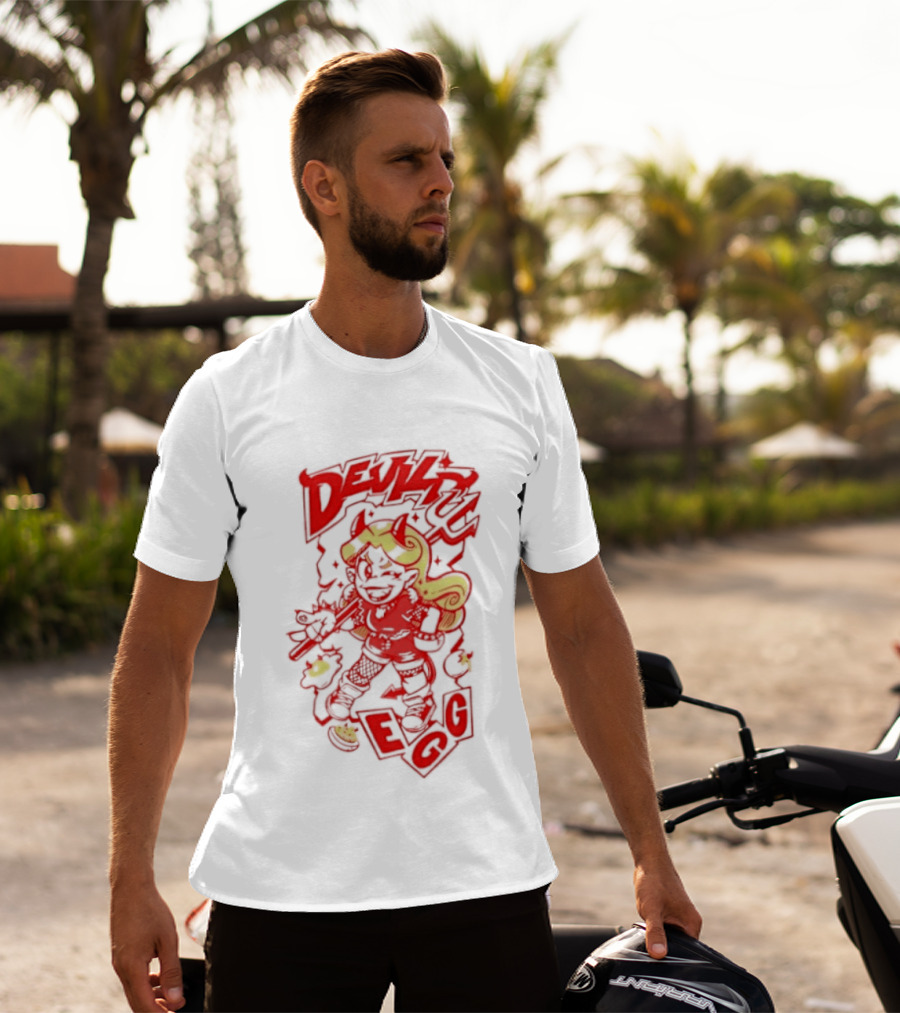 Devil Egg Cartoon Character With Pitchfork And Horns T-Shirt