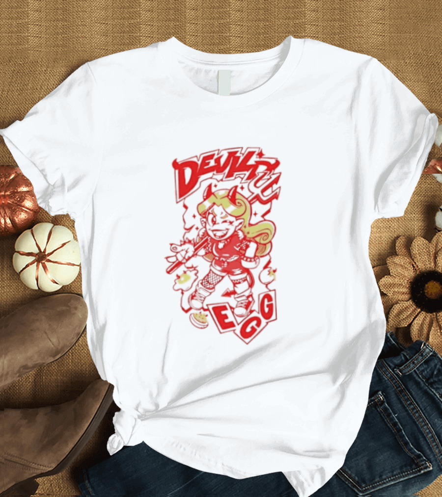 Devil Egg Cartoon Character With Pitchfork And Horns T-Shirt
