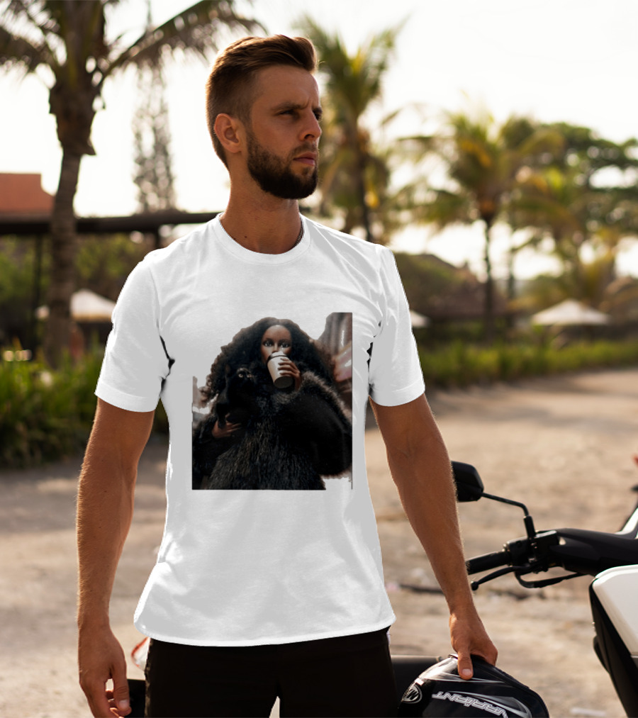 Diana's Cat Club Fashionable Coffee Moment With Furry Coat And Black Cat T-Shirt
