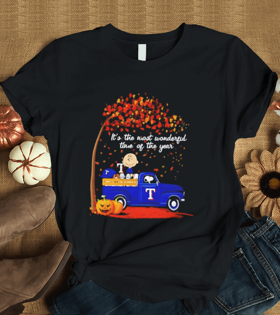 Snoopy Charlie Brown Texas Rangers Halloween 2026 It's The Most Wonderful Time Of The Year Truck Pumpkins T-Shirt